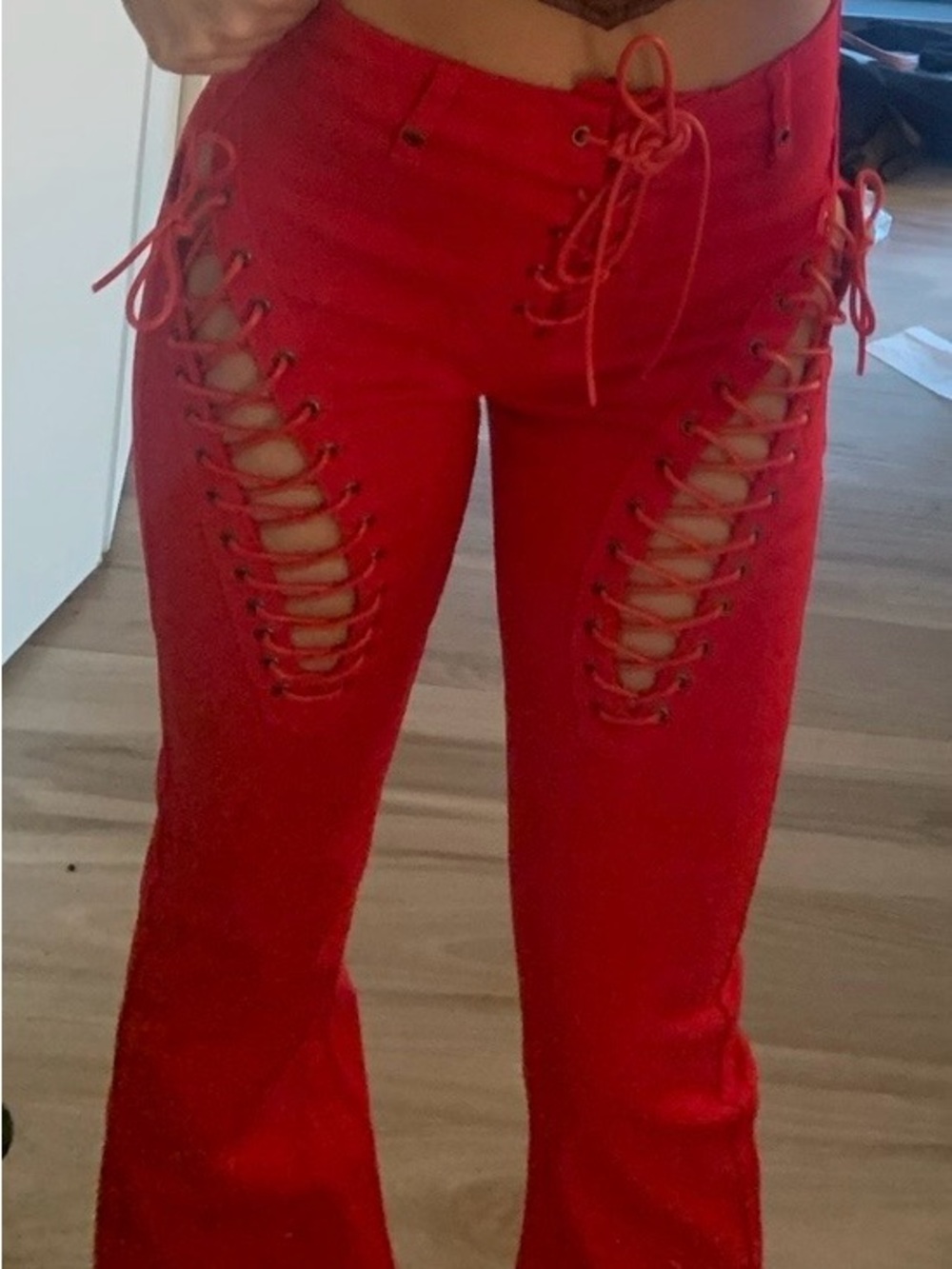 Edikted Red Lace-Up Flare Pants